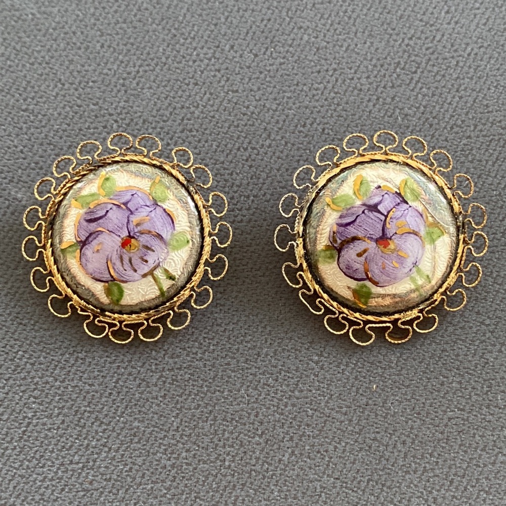 Vintage GAG Gold Filled Hand Painted Flower Pins